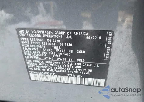 2018 Volkswagen Atlas 3.6L V6 Sel из США, поврежденный, VIN 1V2MR2CA1JC578131